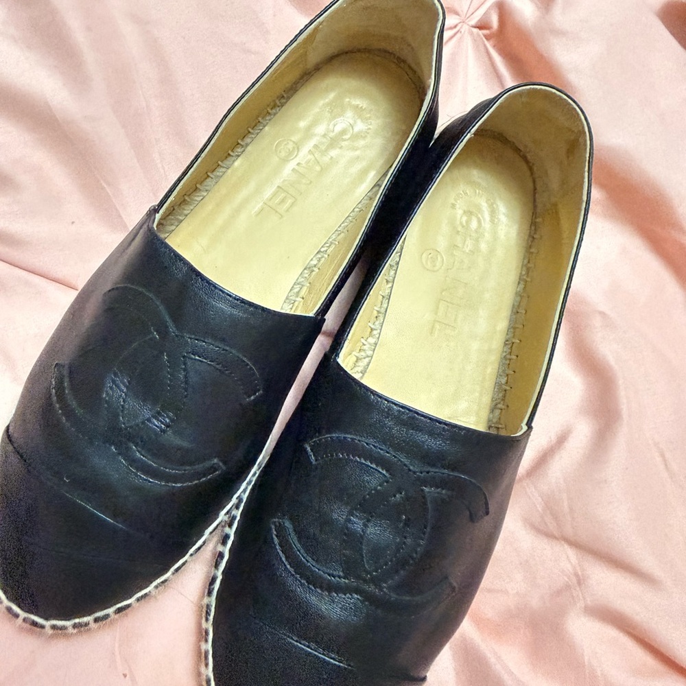 CHANEL Black Leather Espadrilles